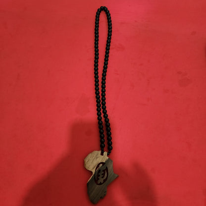 Black Wood Beaded Necklace with Africa Medallion
